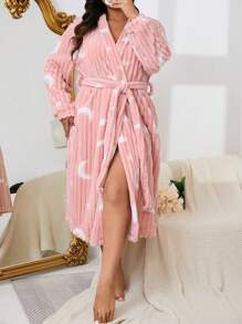 Snug Zone Plus Size Long Sleeve Belted Fleece Robe, Casual Everyday Wear, For Fall Winter, Cozy Outfit, Fluffy - Pink - View 6
