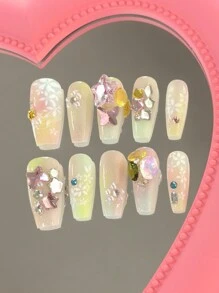 ROMWE Goth 10pcs Set Aurora Butterfly & Floral Design Decorated Press-On Nails, Reusable With Jelly Gel - Multicolor - View 3