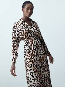 Maija Vestido elegante de manga larga con escote en V, impresión de leopardo y cinturón en la cintura para mujer, vestido con estampado de guepardo - Marrón - Ver 5