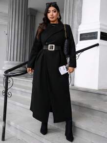 Calvaya Plus Size Women's Solid Color Long Sleeve Long Elegant Knitted Coat, Winter - Black - View 5