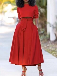 女式纯色圆领长袖上衣和口袋裙两件套，休闲装 - 紅色 - 查看 1