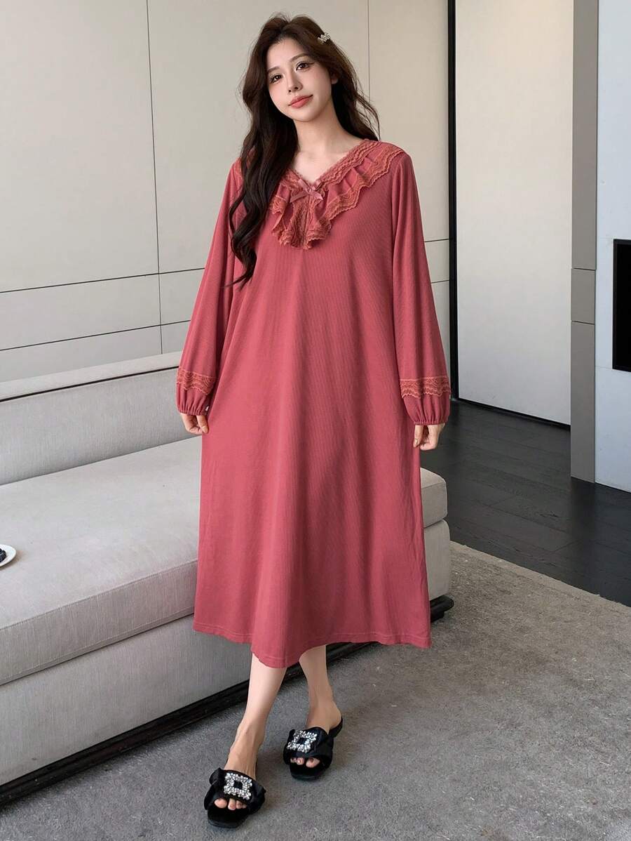 DAZY 蕾丝边甜美睡衣睡袍睡衣 - 紅色 - 查看 1