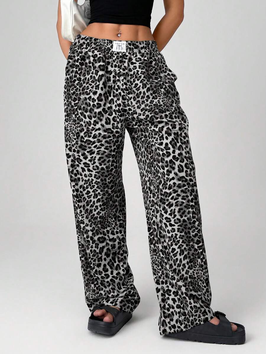 SHEIN EZwear 女士豹纹阔腿街头裤 - 灰色 - 查看 1