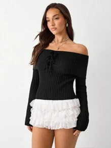 SHEIN Unity Suéter de punto sencillo de manga larga y hombros descubiertos de unicolor, casual para uso diario para mujeres - Negro - Ver 5