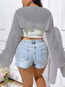 Flirla Plus Size Women Solid Color Bell Sleeve Short Cardigan