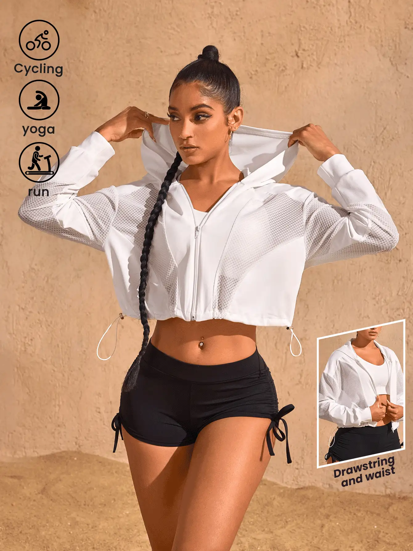 Easithlete 前拉链长袖纯色连帽短款运动夹克，休闲装 - 白色 - 查看 2