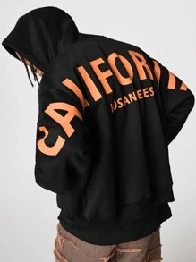 Manfinity VCAY Sudadera con capucha de manga larga de punto con estampado gráfico en inglés de corte holgado para hombre, para otoño e invierno - Negro - Ver 1