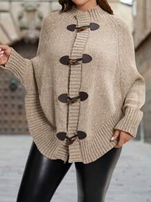 SHEIN LUNE Plus Size Women Plus Stand Collar Raglan Sleeve Long Sleeve Casual Cardigan - Beige - View 3