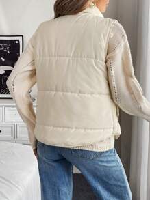 Chiquease 女士纯色简约风格无袖加厚羽绒背心，适合日常穿着 - 米色 - 查看 2