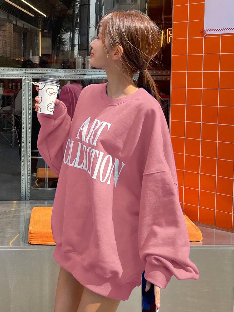 Women's Casual Crew Neck Dropped Shoulder Long Sleeve Letter Print Sweatshirt, Spring & Autumn,Long Sleeve Tops,Fall Women Clothes