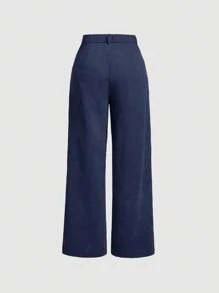 SHEIN MOD Women's Solid Color Front Button Basic Casual Pants - Navy Blue - View 2