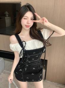 DAZY Mono corto de mezclilla con lazo y cordón de mujer con estampado tipo vestido de verano