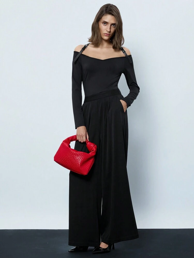 SHEIN Maija Women's Black Off Shoulder Top With Belt Strap, Elegant Fitted Long Sleeve Pullover T-Shirt, Versatile For Casual, Urban And Party Wear, Early Spring