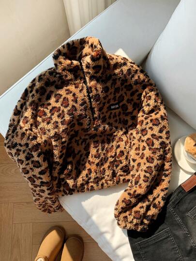 Comfortcana 1pc Women's High Collar Zipper Long Sleeve Leopard Fluffy Pullover Sweatshirt,Long Sleeve Tops In Fall/Winter