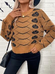 SHEIN LUNE Sweater Pullover Kasual Motif Halloween, Sweater Rajut Musim Gugur Musim Dingin - MultiWarna - View 5