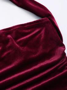 Sweetra 优质高品质红色天鹅绒吊带开衩下摆优雅女式连衣裙 - 紅色 - 查看 3