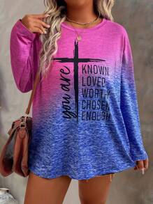 Plus Size Ronde Hals Lange Mouw Ombre Letter Print T-shirt, Casual Dagelijkse Kleding Grafische T-shirts Dames Tops Voor Lente Outfit