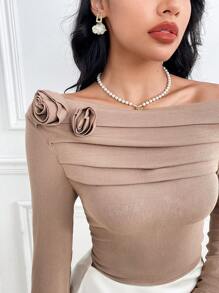 Modelyn Women 3D Floral Decor Off-Shoulder Tee
