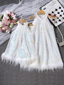 3pcs/Set Girls & Mommy Matching Sequin Decor Sleeveless High-Low Hem Dress Formal Gown For Party, Sold Separately