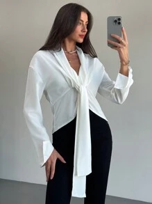 Aloruh Blusa casual de manga larga con cuello en V y acento de cinta, para otoño e invierno