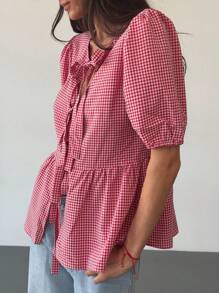 Aloruh New Retro Plaid Ribbon Round Neck Puff Sleeve Peter Pan Collar Button-Up Shirt - Red - View 5