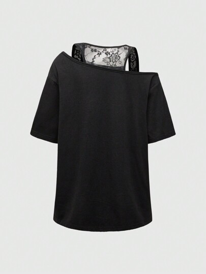 Grunge Punk Camiseta de mujer con estampado de cruz PUNK con aplicaciones de rhinestone