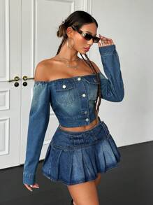 SHEIN ICON 女士露肩牛仔夹克，蓝色 - 中等水洗藍 - 查看 5