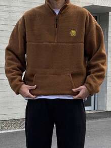 DAZY Sudadera con capucha de manga larga mullida con cremallera y parche de unicolor para hombre, otoño e invierno