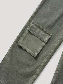 Boys' Casual Cargo Pants With Front Buttons And Multiple Pockets, Relaxed Fit - Army Green - View 5