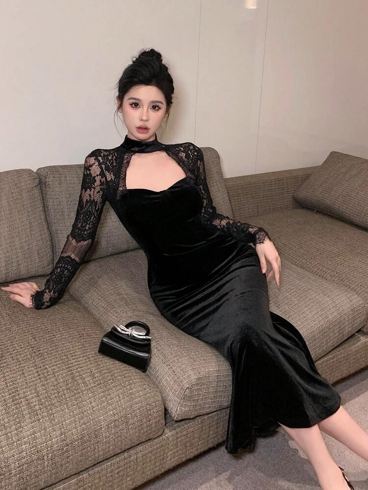 Velvet Party, Back To School, Formal Occasion Long Sleeve Lace Patchwork Midi Dress For Women, Autumn/Winter Prom Dress Elegant Women Dresses New Year Eve Dress Valentine's Day