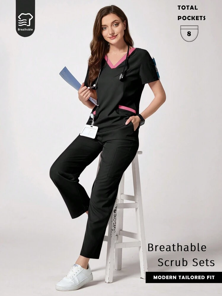 TaskEZ Solid Color Patchwork V-Neck Short Sleeve Top And Pocket Pants Uniform Scrub Set - Black - View 1