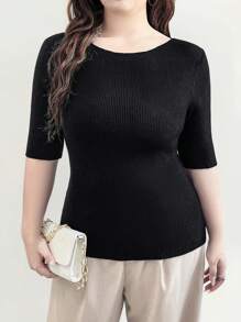 Flirla 大码纯色圆领短袖简约针织上衣，休闲日常穿着 - 黑色 - 查看 4