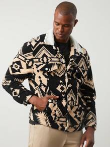 Manfinity VCAY 男士针织图案印花宽松落肩休闲夹克 - 黑色 - 查看 3