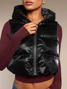 SHEIN BAE Women Simple Plain Short Leather-Padded Coat , Vest Hooded Style Leather Jacket Fall Women Winter Women Coat Winter Women Clothes Winter Women Outfits - Black - View 8