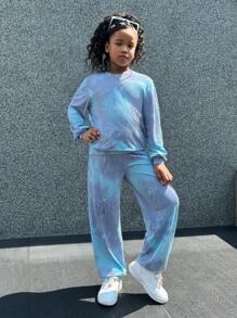 SHEIN 2 piezas/Conjunto Estilo callejero para niña preadolescente Sudadera de cuello redondo de punto con efecto tie-dye y pantalones largos Conjuntos a juego/a conjunto (se venden por separado) - Azul - Ver 7