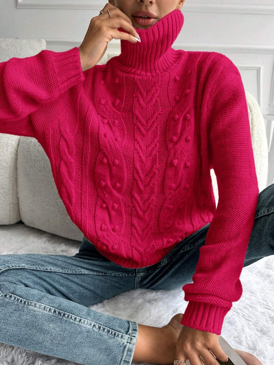EURMUSE Women's Solid Color High Neck Long Sleeve Simple Sweater, Casual Daily Wear - Hot Pink - View 1