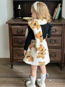 SHEIN LMoss Kids LMoss 2pcs Set: Knit Plain Round Neck Ruffle Trim Casual T-Shirt And Woven Fleece Skirt With Scarf For Young Girls