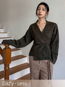 Dazy-Less Women's Casual Drawstring Tie Cardigan Business Casual Woman - Dark Green - View 3