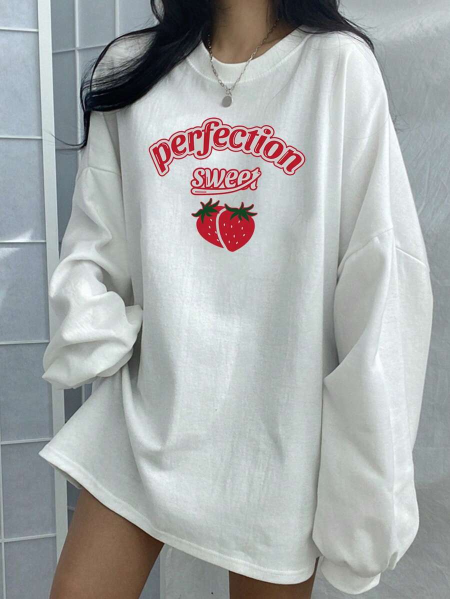 DAZY 女式休闲宽松落肩字母草莓印花运动衫，适合秋冬季 - 白色 - 查看 1