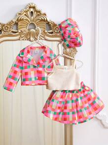 SHEIN 4 件装女婴优雅彩色格子短款西装外套、蓬松套头连衣裙、贝雷帽冬季服装，适合派对、圣诞节
