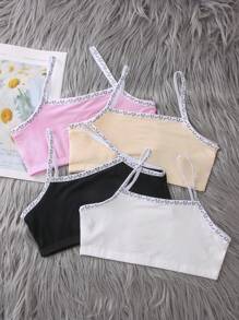 4 件套女童可爱熊印花边舒适无缝吊带背心文胸套装