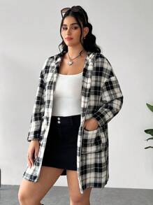 SHEIN EZwear Plus Size Women's Plaid Print Hooded Long Sleeve Jacket With Pockets - Multicolor - View 4