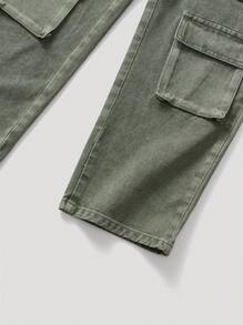Boys' Casual Cargo Pants With Front Buttons And Multiple Pockets, Relaxed Fit - Army Green - View 7