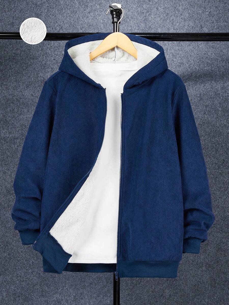 SHEIN 1pc Teen Boy Casual Versatile Comfortable Warm Winter Hooded Design Thermal Lined Solid Color Simple Knit Jacket, Suitable For Winter Outdoor Activities, School, Skiing