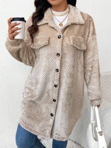 SHEIN Frenchy Áo khoác dệt kim họa tiết dài đến đầu gối cỡ lớn cho nữ - Màu be - Xem 5