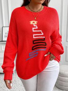 Calvaya Plus Size Crew-Neck Long Sleeve Minimalist 3D Christmas Tree Knit Sweater Knit Pullover Fall Winter - Red - View 1