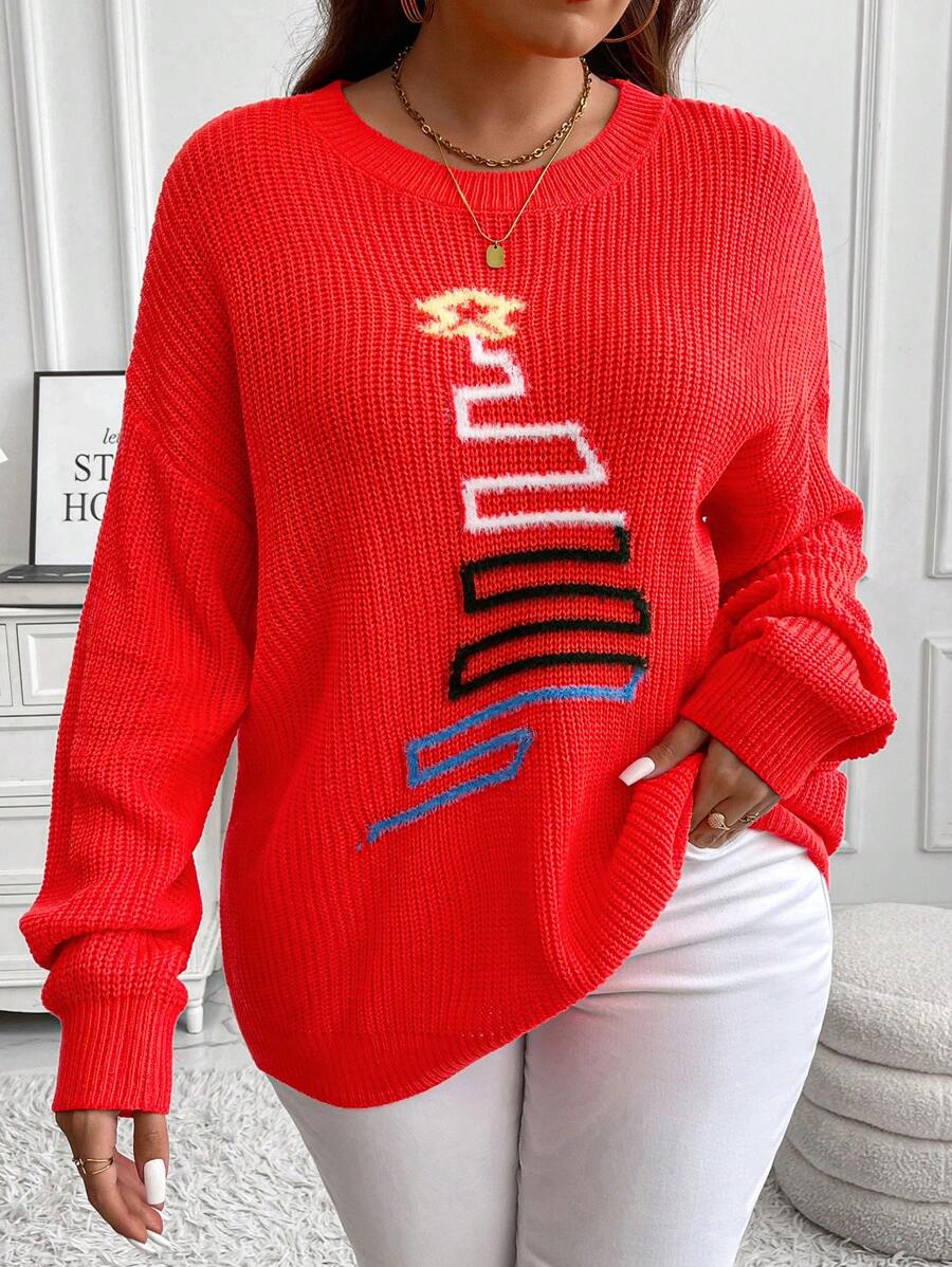 Calvaya Plus Size Crew-Neck Long Sleeve Minimalist 3D Christmas Tree Knit Sweater Knit Pullover Fall Winter - Red - View 1