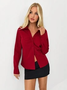 Lunelith SHEIN Lunessa 1 pieza Blusa de oficina/para ir al trabajo ajustada con cuello en V y drapeado en rojo para mujer, camisa de invierno/otoño navideña para mujeres