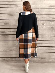 Plus Size Women's Solid Color & Plaid Patchwork Long Sleeve Dress - Multicolor - View 2