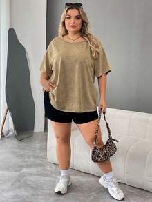SHEIN CURVE+ Plus Kích Thước Axit Rửa Sạch Nhìn Vintage Dệt Kim Đau Khổ Dáng Rộng Áo Thun Nữ Tay Ngắn Athleisure - màu nâu - Xem 5
